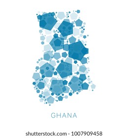 map of country filled with abstract mosaic of pentagons of different sizes and degrees of transparency with name of the country on white background