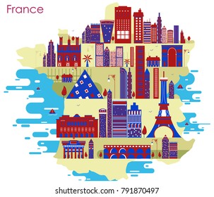 Map of country France with building and famous monument in vector