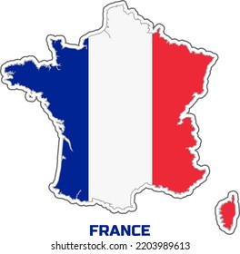 Map of the country of FRANCE in the colours of the flag of the country of FRANCE. With the description of the name of the country "FRANCE".