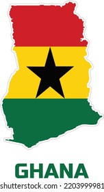 Map of the country of Ghana in the colors of the flag of the country of Ghana. With the description of the name of the country " Ghana".