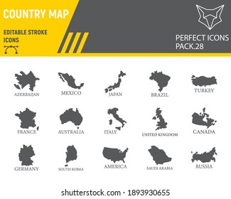 Mapa del conjunto de iconos de glifos de país, colección de países, bocetos vectoriales, ilustraciones de logotipos, iconos de países del mapa, signos de viaje pictogramas sólidos, trazo editable