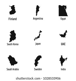Map of country icons set. Simple set of 9 map of country vector icons for web isolated on white background
