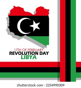 Map of the country of Libya and its flag with ribbon and bold text on a white background to commemorate Revolution Day on February 17 in Libya
