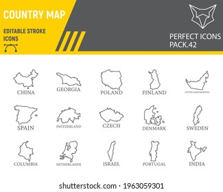 Map of country line icon set, country collection, vector graphics, logo illustrations, map countries vector icons, travel signs, outline pictograms, editable stroke