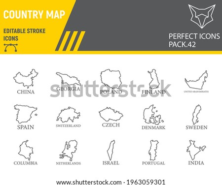 Map of country line icon set, country collection, vector graphics, logo illustrations, map countries vector icons, travel signs, outline pictograms, editable stroke