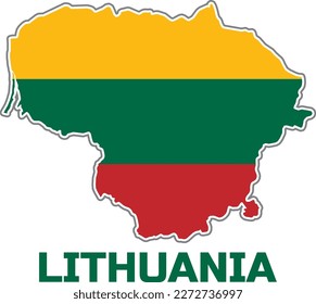  Map of the country of LITHUANIA in the colors of the flag of the country of LITHUANIA.  With the caption of the name of the country "LITHUANIA".