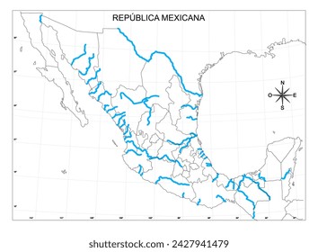 Map of the country of Mexico with political division in black and white, marked with the main rivers of the entire Mexican Republic, in black and white and the rivers in blue