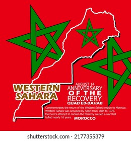 Map of the country of Morocco and its flag with bold text and sentences on red background to commemorate the Anniversary of the Recovery Oued Ed-Dahab in Morocco on august 14