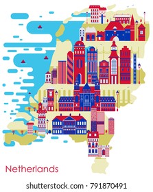 Map of country Netherlands with building and famous monument in vector