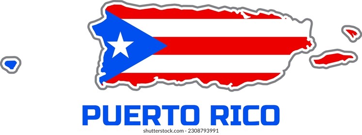 Map of the country of PUERTO RICO  in the colors of the state flag of PUERTO RICO.  With the description of the country name 