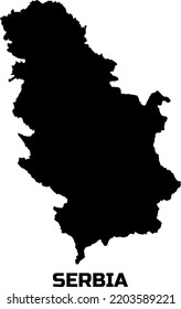 Map of the country of Serbia in black. With the description of the name of the country "Serbia".