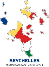 Map of the country of SEYCHELLES  in the  colors of the flag of  the country of SEYCHELLES.  With the caption of the  name of the country "SEYCHELLES".