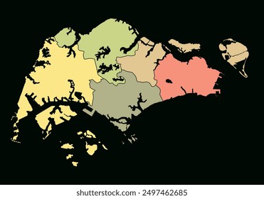 Map of the country of Singapore. Detailed vector map of Singapore by region.