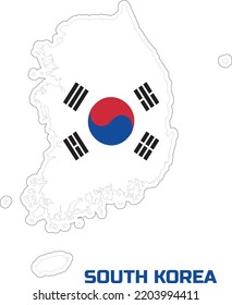 Map of the country of South Korea in the colors of the flag of the country of South Korea. With the description of the name of the country "South Korea".