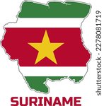  Map of the country of SURINAME in the colors of the flag of the country of SURINAME.  With the caption of the country name "SURINAME".
