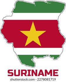  Mapa del país de SURINAME en los colores de la bandera del país de SURINAME.  Con la leyenda del nombre de país "SURINAME".