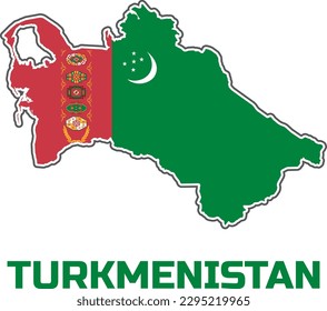 Map of the country of TURKMENISTAN  in the colors of the flag of the state of TURKMENISTAN.  With the caption of the name of the country "TURKMENISTAN".