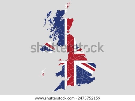 Map of the country of the United Kingdom. Detailed vector map of the United Kingdom by region. Map of the United Kingdom with flag.