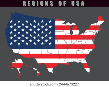 Map of the country of the USA. Detailed vector map of the USA by region. Map of the USA with flag.