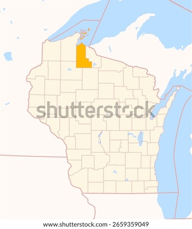 Map of the County Ashland (Wisconsin, US) showing the Federal State with the highlighted County