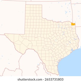 Map of the County Bowie (Texas, US) showing the Federal State with the highlighted County