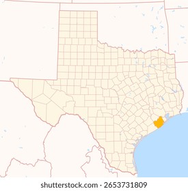 Map of the County Brazoria (Texas, US) showing the Federal State with the highlighted County