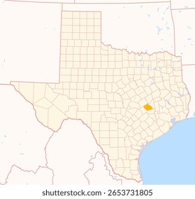 Map of the County Burleson (Texas, US) showing the Federal State with the highlighted County