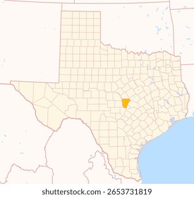 Map of the County Burnet (Texas, US) showing the Federal State with the highlighted County