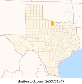 Map of the County Clay (Texas, US) showing the Federal State with the highlighted County