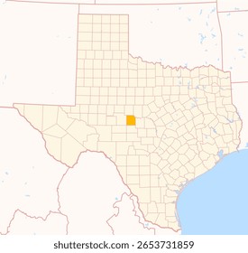 Map of the County Concho (Texas, US) showing the Federal State with the highlighted County