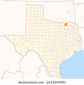 Map of the County Fannin (Texas, US) showing the Federal State with the highlighted County