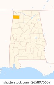 Map of the County Franklin (Alabama, US) showing the Federal State with the highlighted County