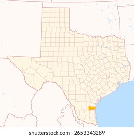 Map of the County Kleberg (Texas, US) showing the Federal State with the highlighted County