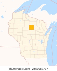 Mapa do Condado de Lincoln (Wisconsin, EUA) mostrando o Estado Federal com o Condado destacado