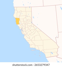Map of the County Mendocino (California, US) showing the Federal State with the highlighted County