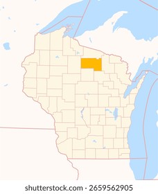Map of the County Oneida (Wisconsin, US) showing the Federal State with the highlighted County