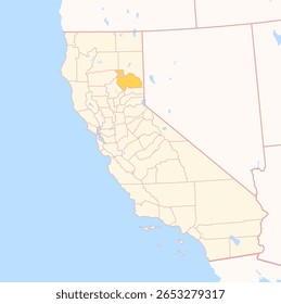 Map of the County Plumas (California, US) showing the Federal State with the highlighted County