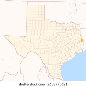 Mapa del condado de Sabine (Texas, US) que muestra el estado federal con el condado destacado