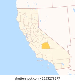 Map of the County Tulare (California, US) showing the Federal State with the highlighted County