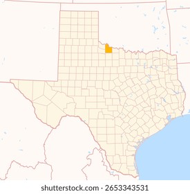 Map of the County Wilbarger (Texas, US) showing the Federal State with the highlighted County