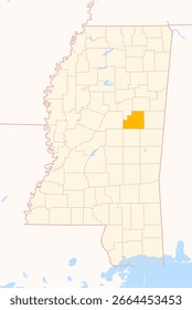 Mapa del condado de Winston (Mississippi, US) que muestra el estado federal con el condado resaltado