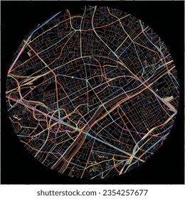 Map of Courbevoie, Hauts-de-Seine with all major and minor roads, railways and waterways. Colorful line art on black background.