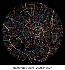 Map of Coventry, West Midlands with all major and minor roads, railways and waterways. Colorful line art on black background.