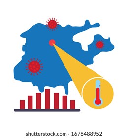mapa con información e iconos cóvid 19, diseño de ilustración vectorial de estilo plano