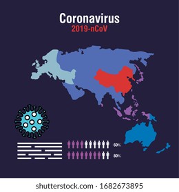 mapa con covid 19 y establecer iconos diseño de ilustración vectorial