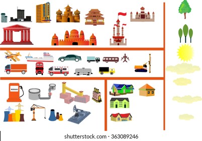 Map creator. vector icons elements. Buildings, transport ,trees.