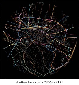 Map of Cremona, Lombardy with all major and minor roads, railways and waterways. Colorful line art on black background.