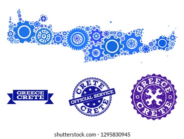 Map of Crete Island composed with blue engine symbols, and isolated scratched watermarks for official repair services.