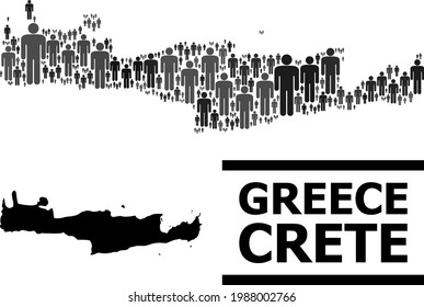 Map of Crete Island for national projects. Vector nation collage. Concept map of Crete Island organized of human pictograms. Demographic concept in dark grey color hues. svg