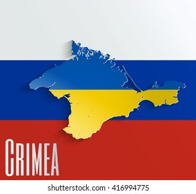 Map of Crimea. Abstract vector paper map with Ukrainian flag on Russian flag background